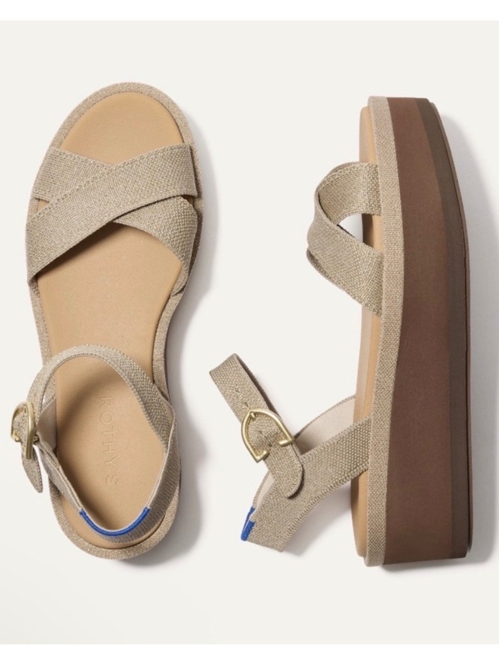 NWT Rothy’s The Criss-Cross Wedge Platform Sandals Metallic Beige Gold 9